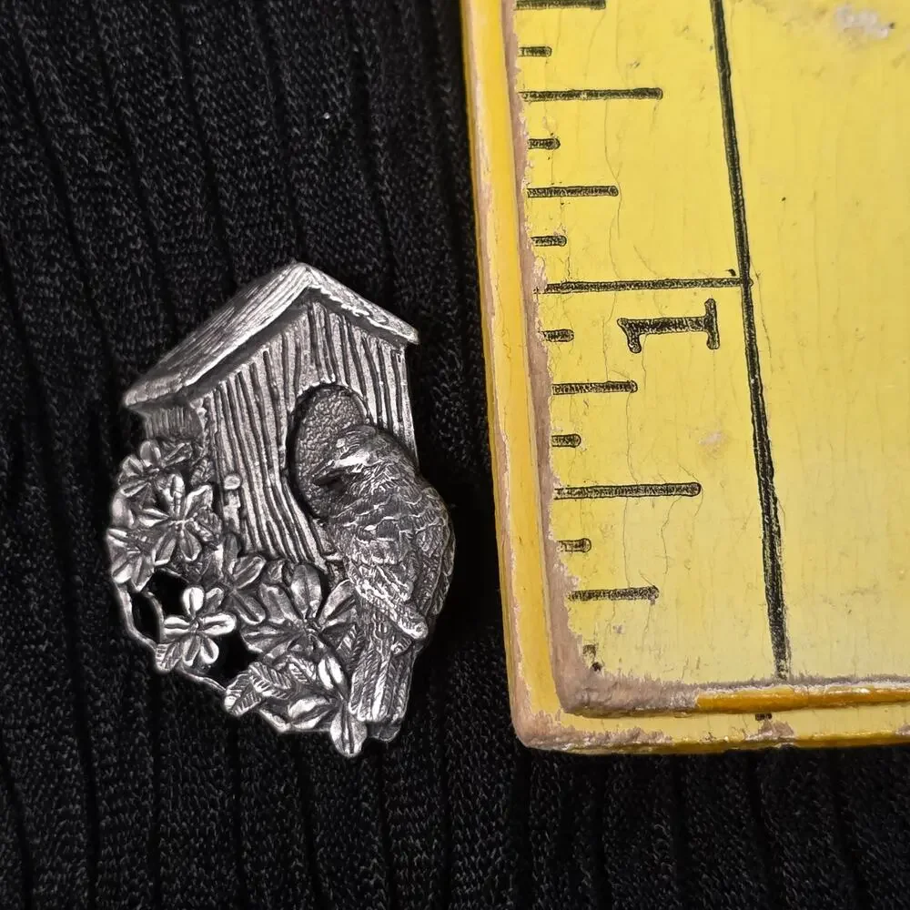 Vintage Birds & Blooms 1997 Pewter Brooch Cottagecore Pin 90s